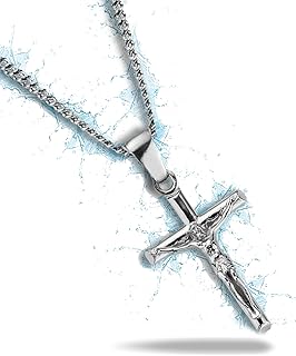 2MM Mens Crucifix Necklace For Men | Crucifix Pendant Silver Cross Necklace For Men | Waterproof Silver Chain Mens Chain Necklace | Mens Cross Necklace Mens Gold Necklace Chain Cross Chain