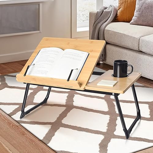 Miniatura 2 de wishacc Soporte de libro para leer en la cama, soporte de bambú para laptop, bandeja ajustable para libros con clips de página, clips de papel