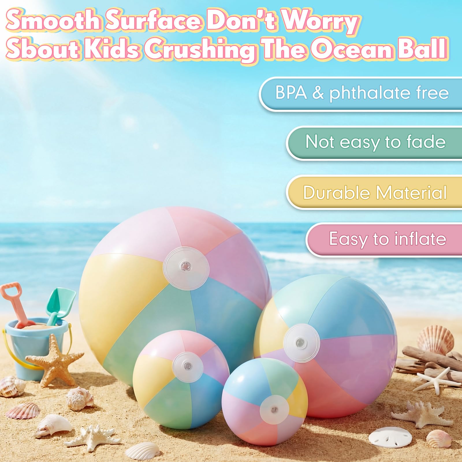 MiniInflat Confezione da 4 palline da spiaggia in 4 misure (61 cm, 40,6 cm, 30,5 cm, 20,3 cm), palline gonfiabili pastello per bambini e adulti, feste estive in spiaggia hawaiana, forniture per feste
