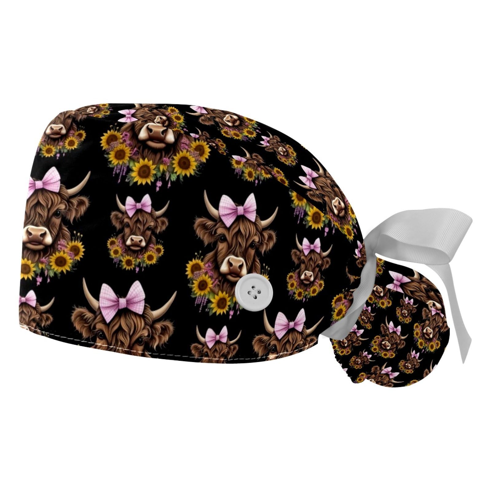 2 PCS Bouffant Cap with Button Ponytail Pouch Working Cap Sweatband Adjustable Surgical Cap Black and White Cow