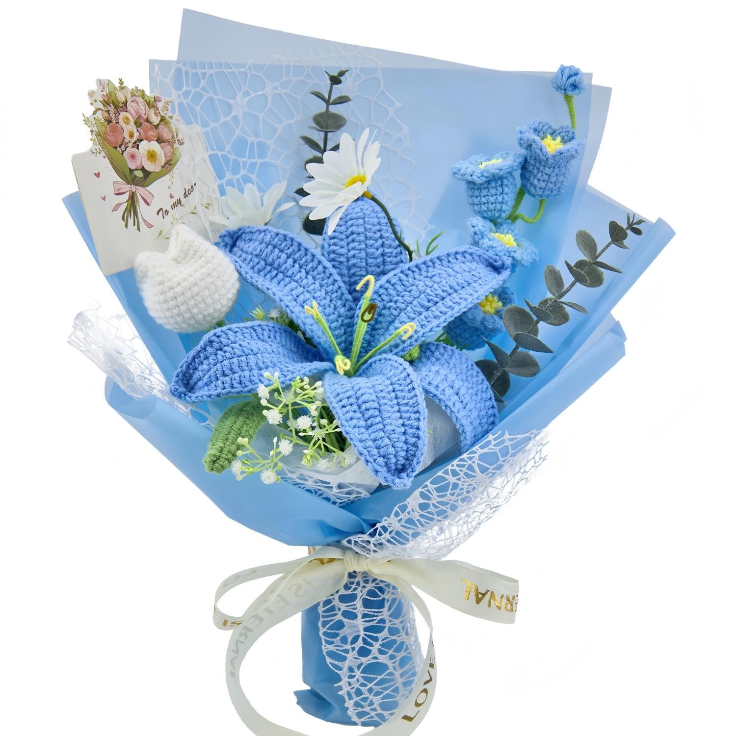 Crochet Flowers, Crochet Flower Bouquet of Crochet Lily, Tulips, Lily of the Valley, Handmade Artificial Flowers for Home Decor, Wedding, Anniversary,