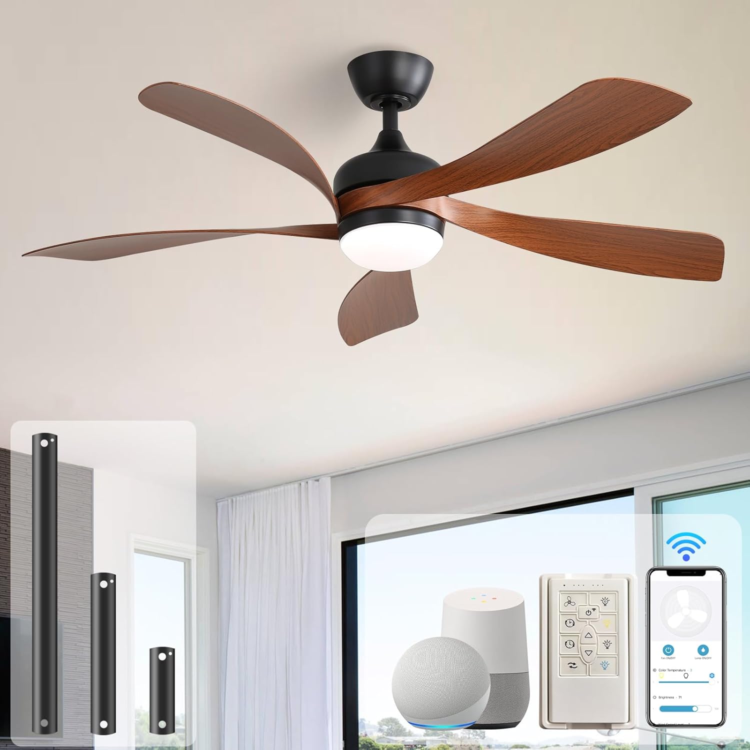 Sofucor 52" Smart Ceiling Fan, Indoor/Outdoor Ceiling Fans with Lights and Remote, Compatible with Alexa/Google/App, 3-Color Light 6-Speed Timing Reversible DC Motor for Bedroom Living Room Patio Smart Brown