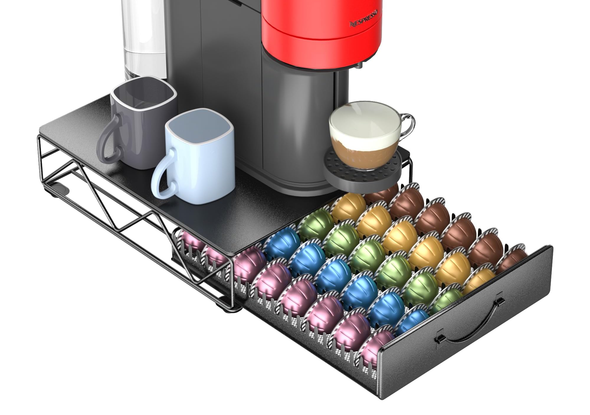 Hfhome Black 1 Multifunctional Metal Vertuoline Coffee Pod Holder For 60 Small Or 40 Large Vertuo Capsules Pods & 40 Dolce Gusto Pods,Nespresso Vertuoline Capsule Drawer Organizer Coffee Machine Stand