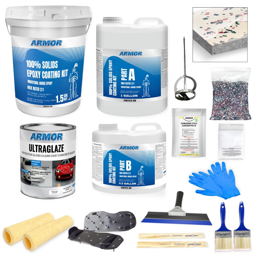 Garage Epoxy Floor Kit – 100% Solids - 2 Part Industrial-Grade Coating w/UltraGlaze Topcoat | DIY Slip & Hot Tire Resistant | 300 Sq Ft - Desert Tan - 17 pc kit
