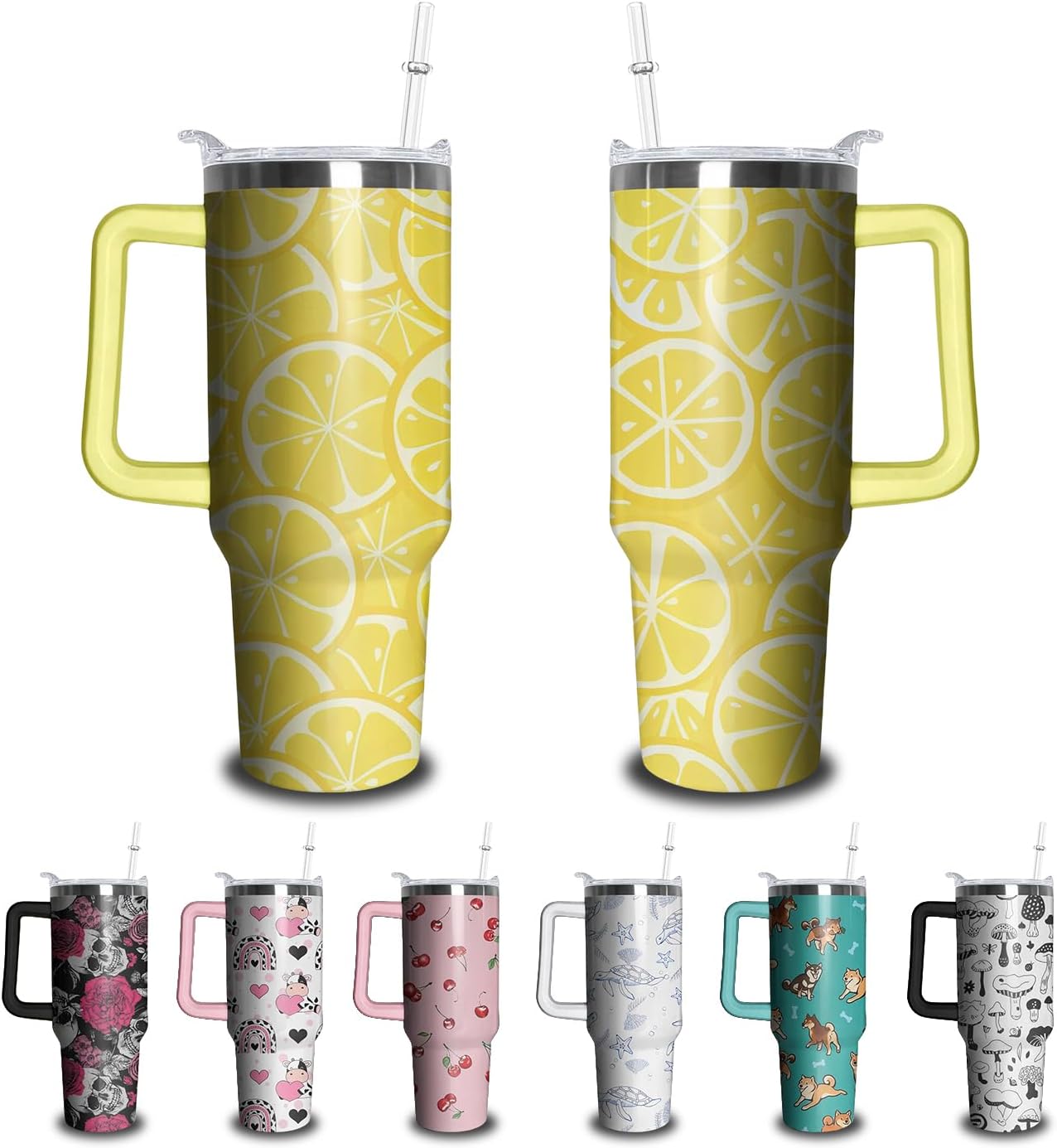 Kearscupra 40oz Lemon Tumbler with Handle and Straw, Yellow Stainless Steel Insulated Cup with Lid and Straw, Travel Coffee Mug Water Bottle, Birthday Mothers Day Gifts for Women Men