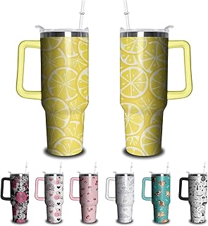 40oz Lemon Tumbler with Handle and Straw, Yellow Stainless Steel Insulated Cup with Lid and Straw, Travel Coffee Mug Water Bottle, Birthday Mothers Day Gifts for Women Men