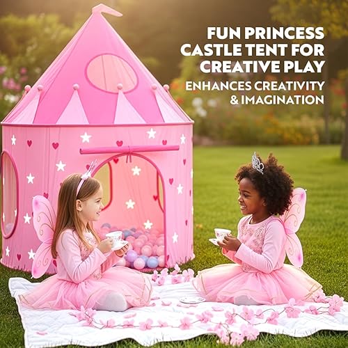 Miniatura 6 de Playz Princess Castle - Tienda de campaña desplegable y juego de disfraces - Tienda de campaña rosa para niñas con estrellas que brillan en la