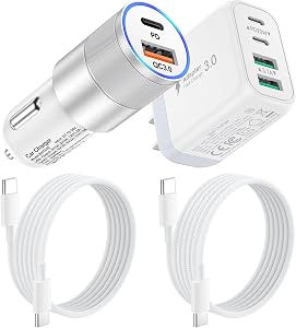 USB C Car Charger,2-Port 38W Fast Charging USB-C&USB-A Car Charger Adapter | 2-Ports Car Phone Charger Fast Charging for iPhone 17/16/15 Pro Max, Galaxy,with 2X 6.6ft USB C Cable&40W USB C Charger Block