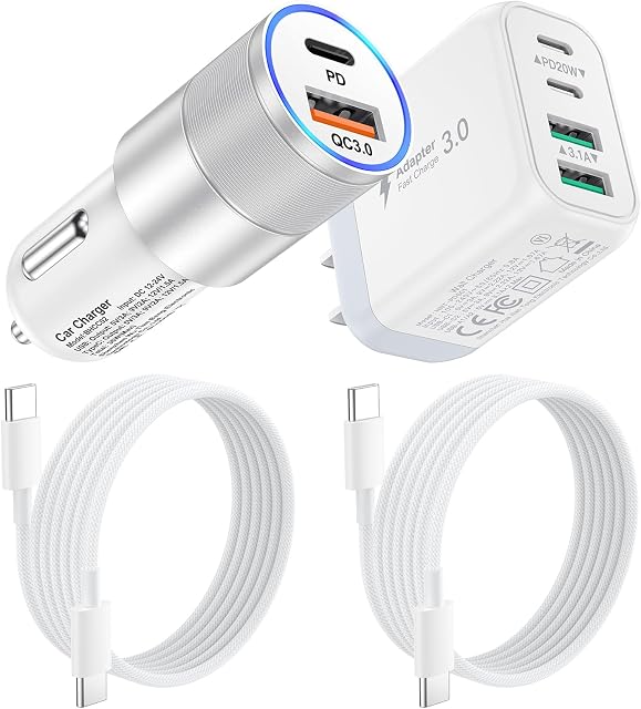 USB C Chargeur de voiture,2-Port 38W Chargeur de voiture USB-C&USB-A Adaptateur rapide 2-Ports Chargeur de téléphone de voiture charge rapide pour iPhone 17/16/15 Pro Max, Galaxy, avec 2X 6.6ft USB C Câble & 40W USB C Bloc chargeur