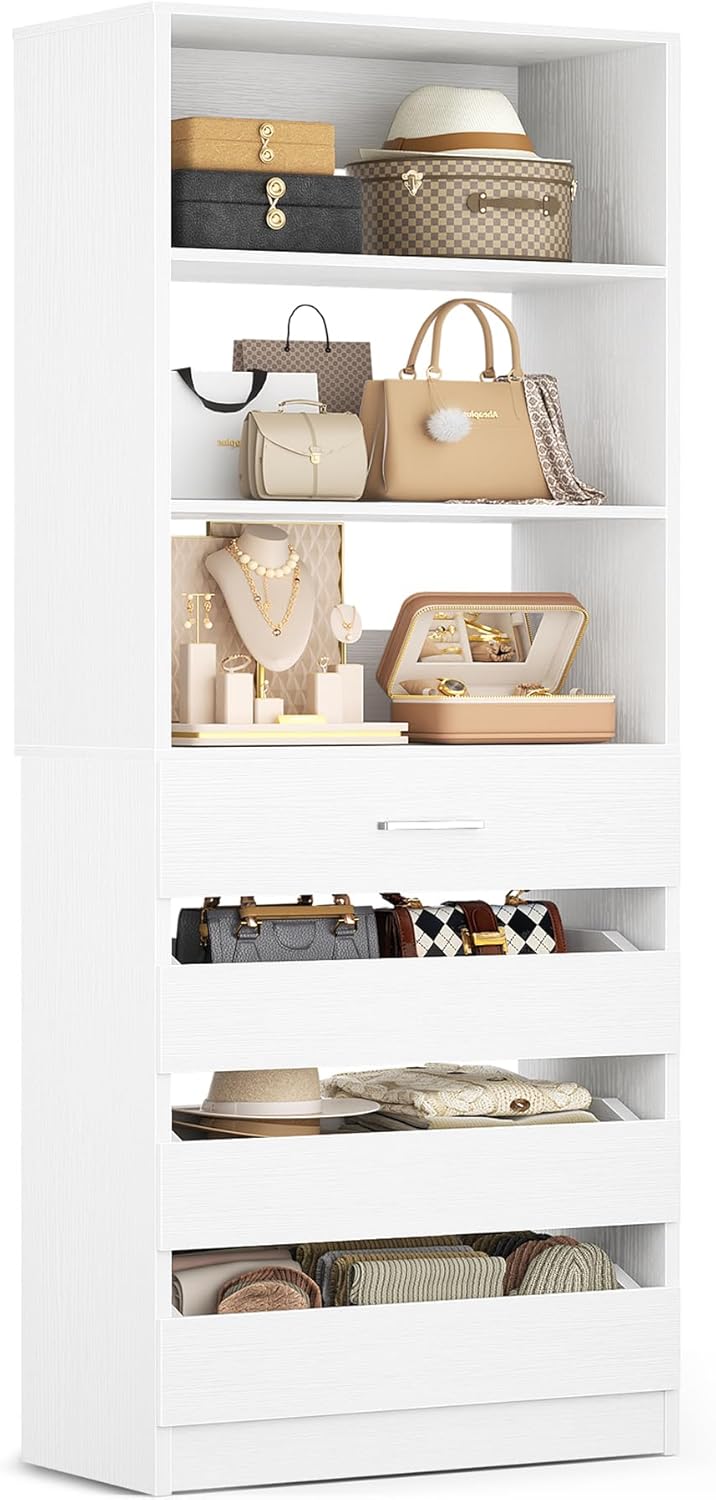 Aheaplus 21.3″ Closet System with 4 Drawers, Wood Closet Organizer with Open Shelves, Modular Drawers System Tower, Walk-in Closets Small Wardrobe Rack, Tall Storage Cabinet Unit, White