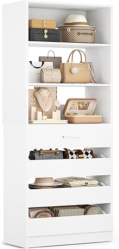 Aheaplus Sistema de armario de 21.3 pulgadas con 4 cajones, organizador de armario de madera con estantes abiertos, torre de sistema de cajones