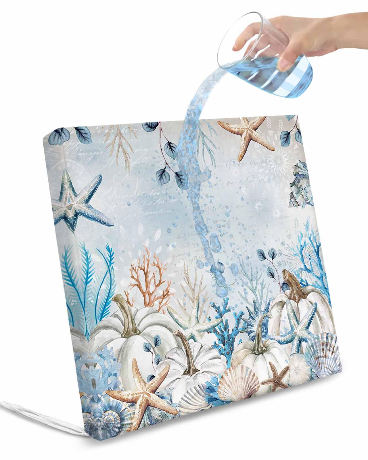 Homechoid Blue Fall Pumpkins Indoor Outdoor Couch Cushion Covers Replacement 2 Pack, Thanksgiving Botanical Starfish Coastal Waterproof Chair Sofa Seat Cover with Ties 22x20x4