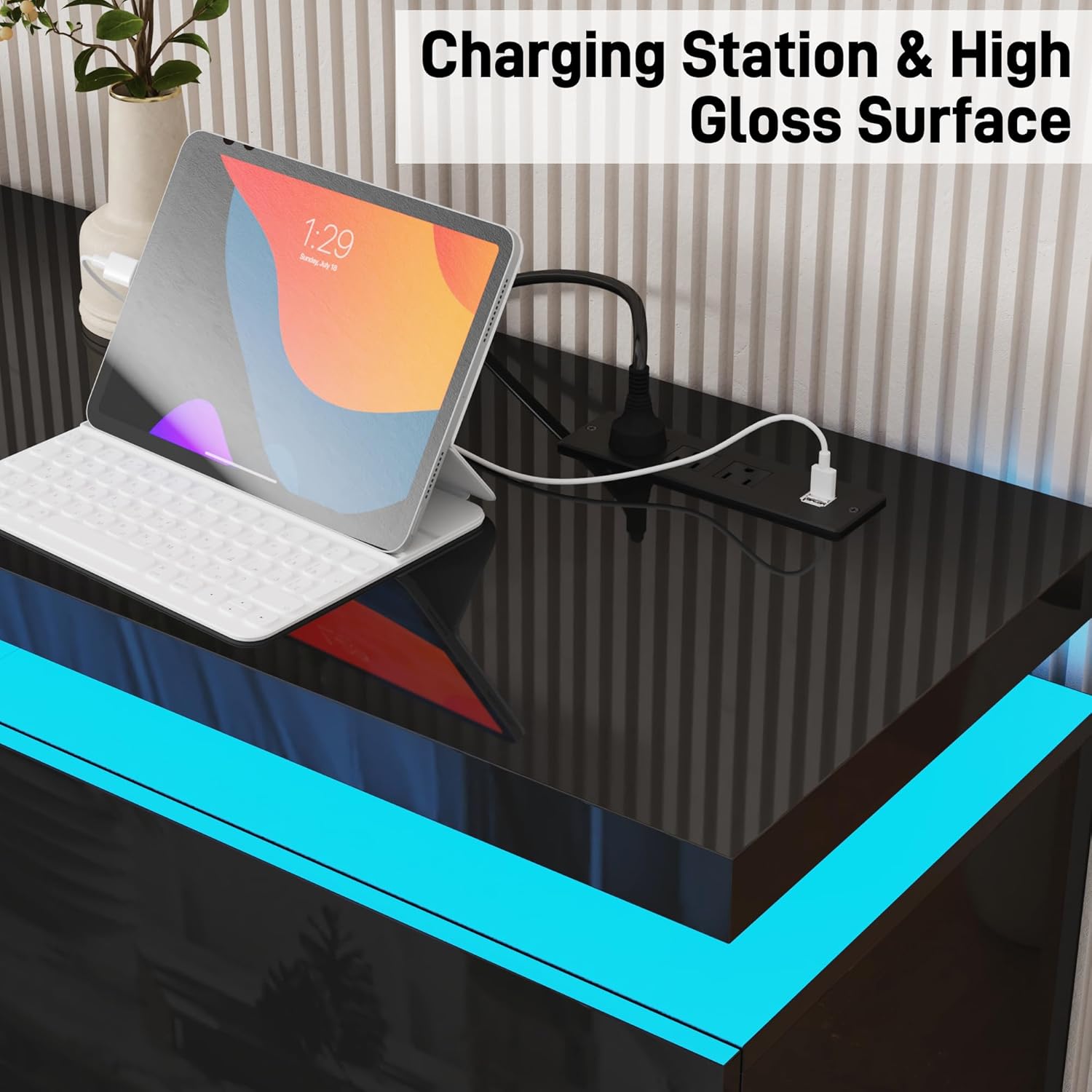 83In LED TV Stand with 40In Fireplace for 80In TV, Modern Fireplace TV Stand with Power Outlet, High Gloss TV Console Entertainment Center with Storage for Living Room, Bedroom (83 Inch, Black)