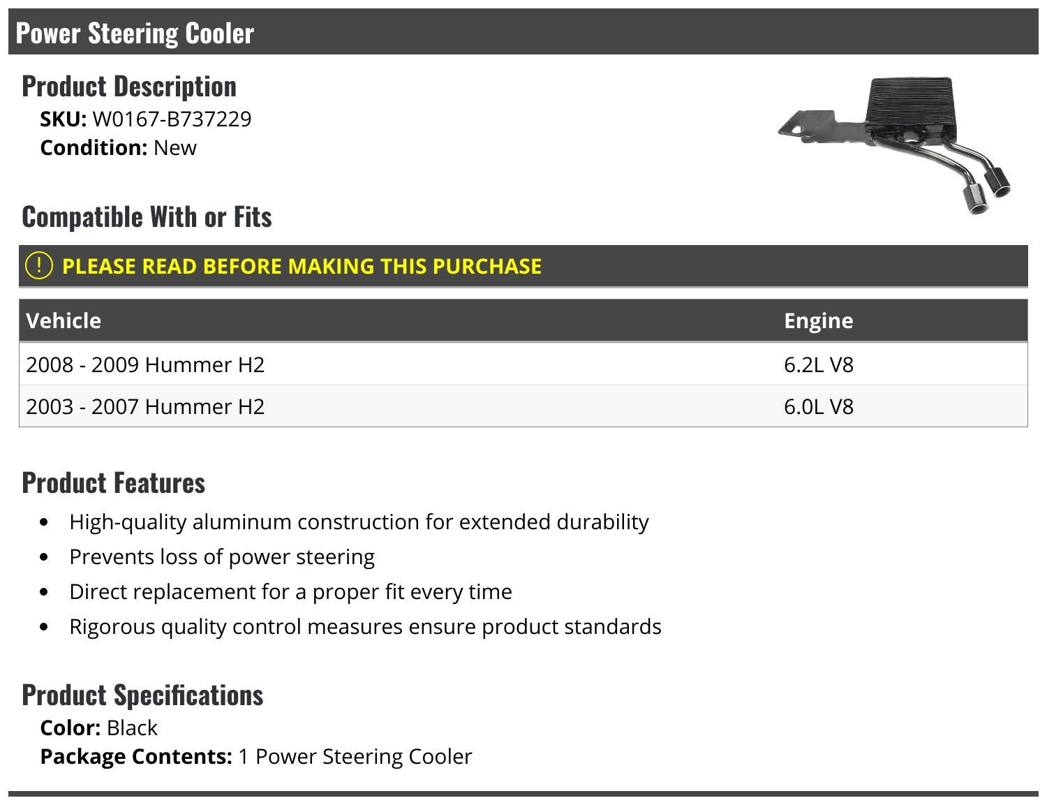 Marketplace Auto Parts, Power Steering Cooler - Compatible with 2003-2009 Hummer H2 V8