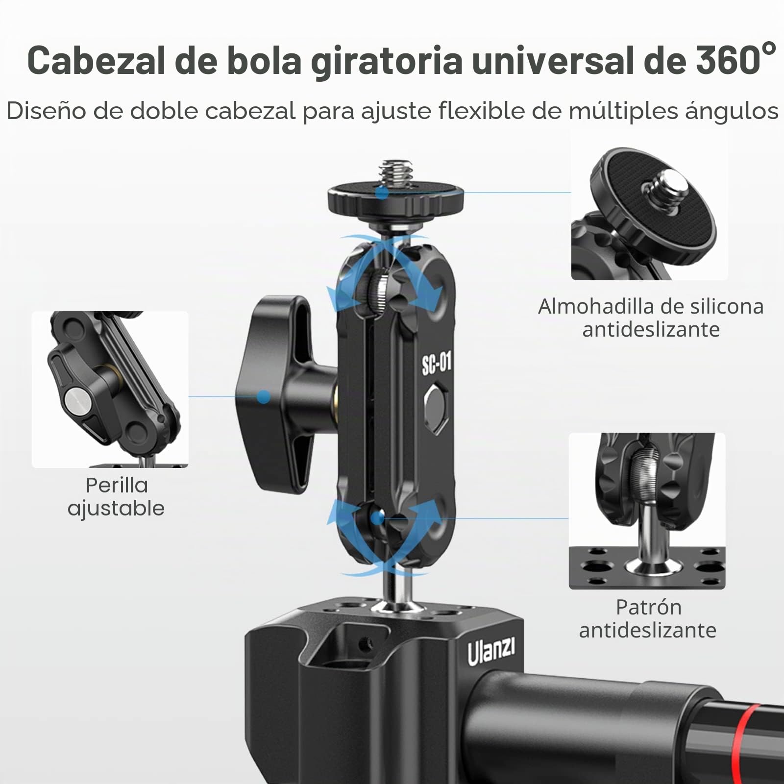 ULANZI SC-01 Soporte de Ventosa para Cámara y Teléfono Móvil - Bola de Doble Cabeza de 360° - Para Coche y Cámara de Acción