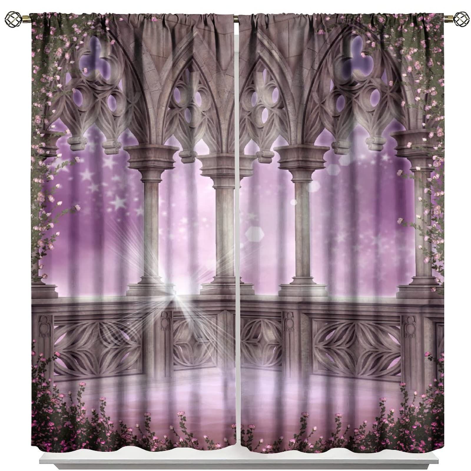 Gothic Castle Arch Curtains,Romantic Pink Roses Medieval Style Room Darkening Window Curtain Drapes for Living Room Bedroom Dining Room W72xL63in