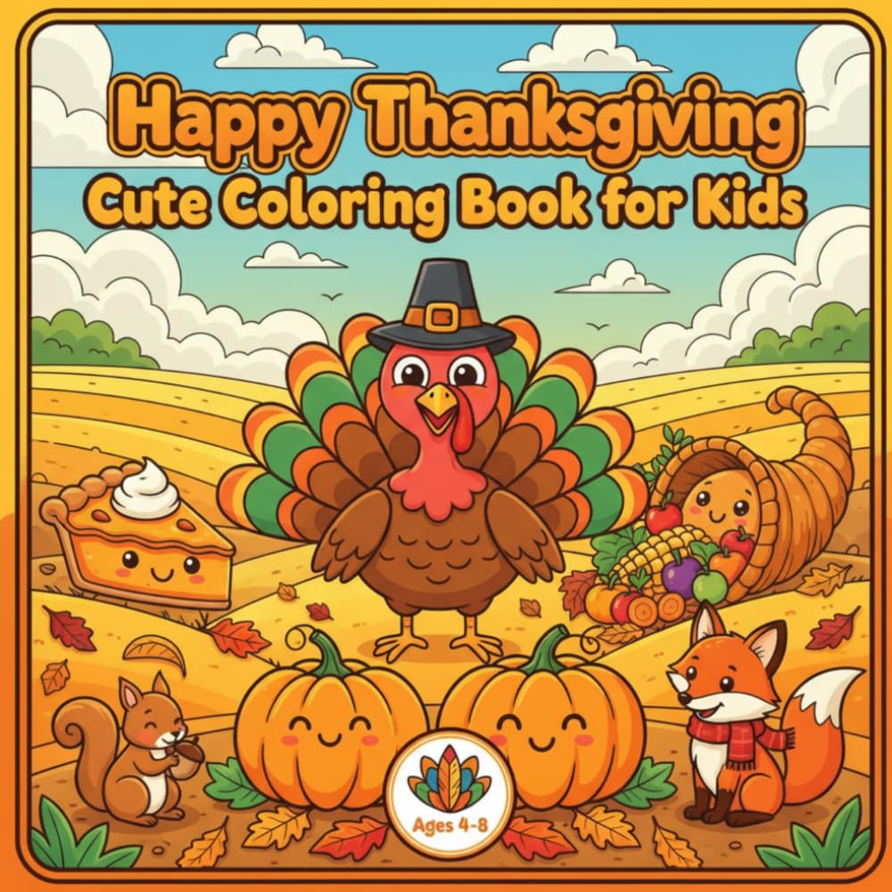 Happy Thanksgiving Cute Coloring Book for Kids Ages 4–8