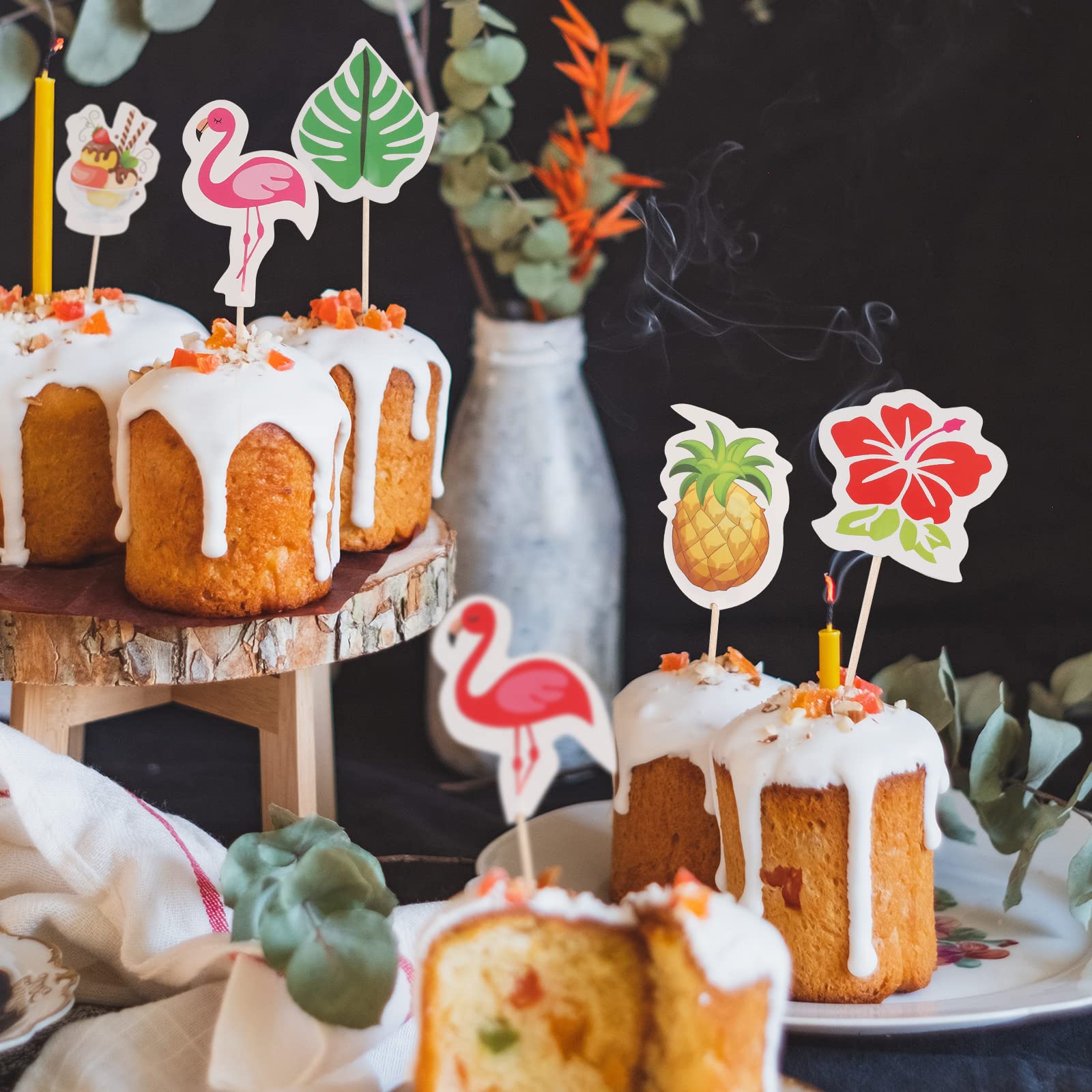 KINBOM 48 Stuzzicadenti Hawaiani Per Cupcake E Bevande – Tema Tropicale Con Fenicotteri, Ananas, Foglie – Feste Estive