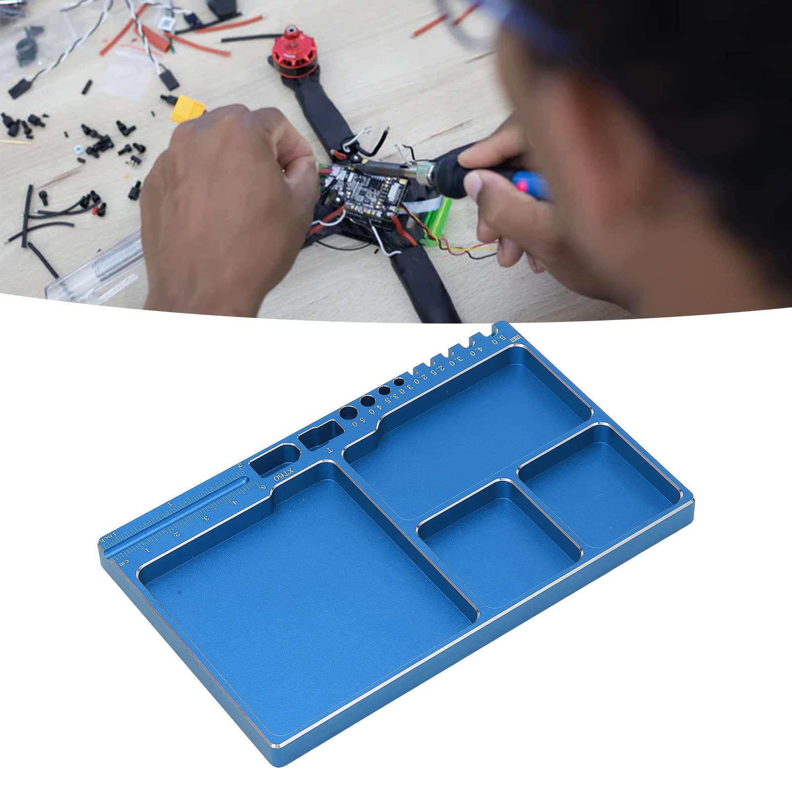 Bandeja de Tornillos Magnéticos, Aleación de Aluminio, Adsorción Magnética, Bandeja de Piezas Magnéticas Ampliamente Utilizada con Almohadilla Magnética para Reparación RC (Azul)