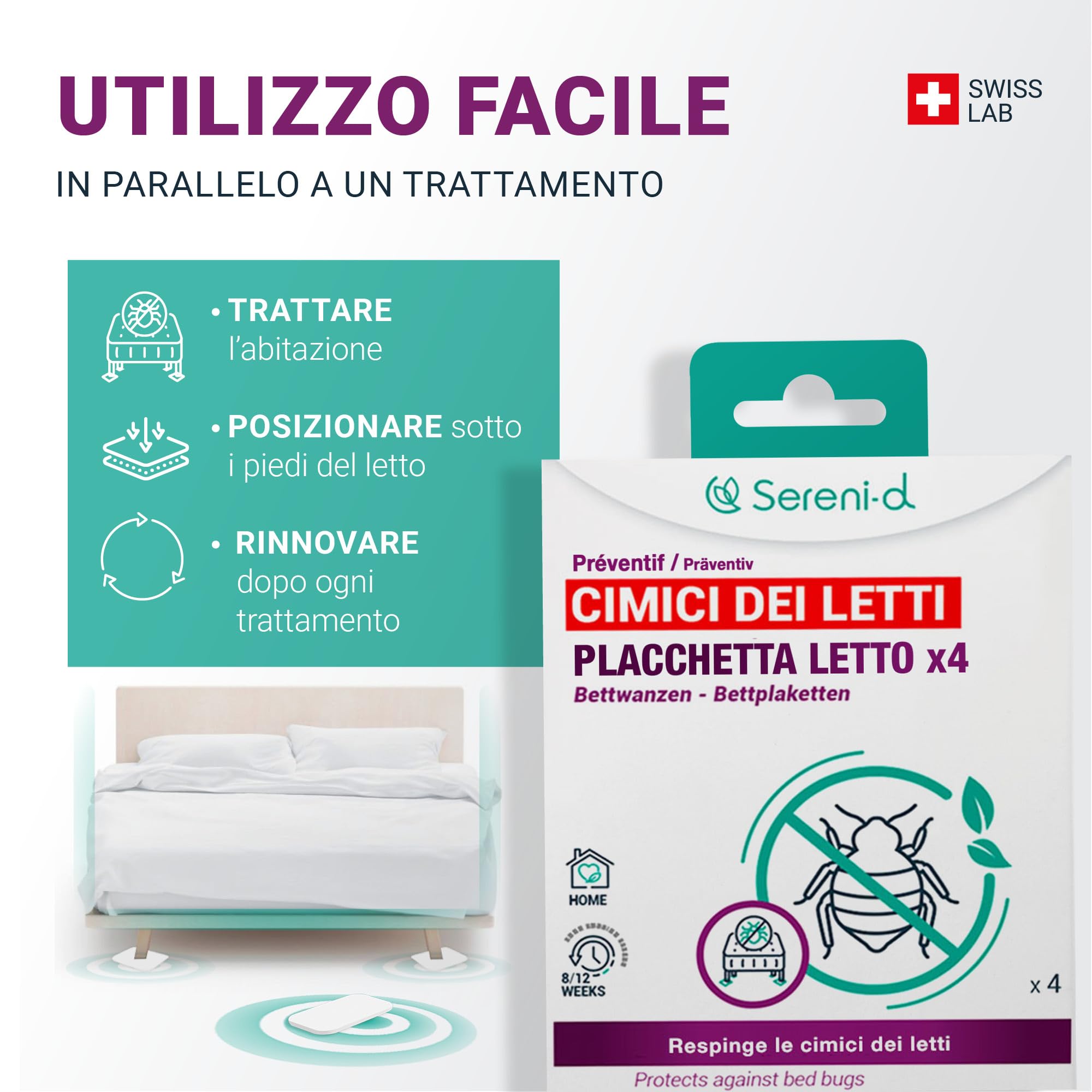 PIASTRE LETTO repellenti per CIMICI DEI LETTI - Protegge dalle cimici dei letti durante il sonno - x4 Sereni-d SWISS LAB