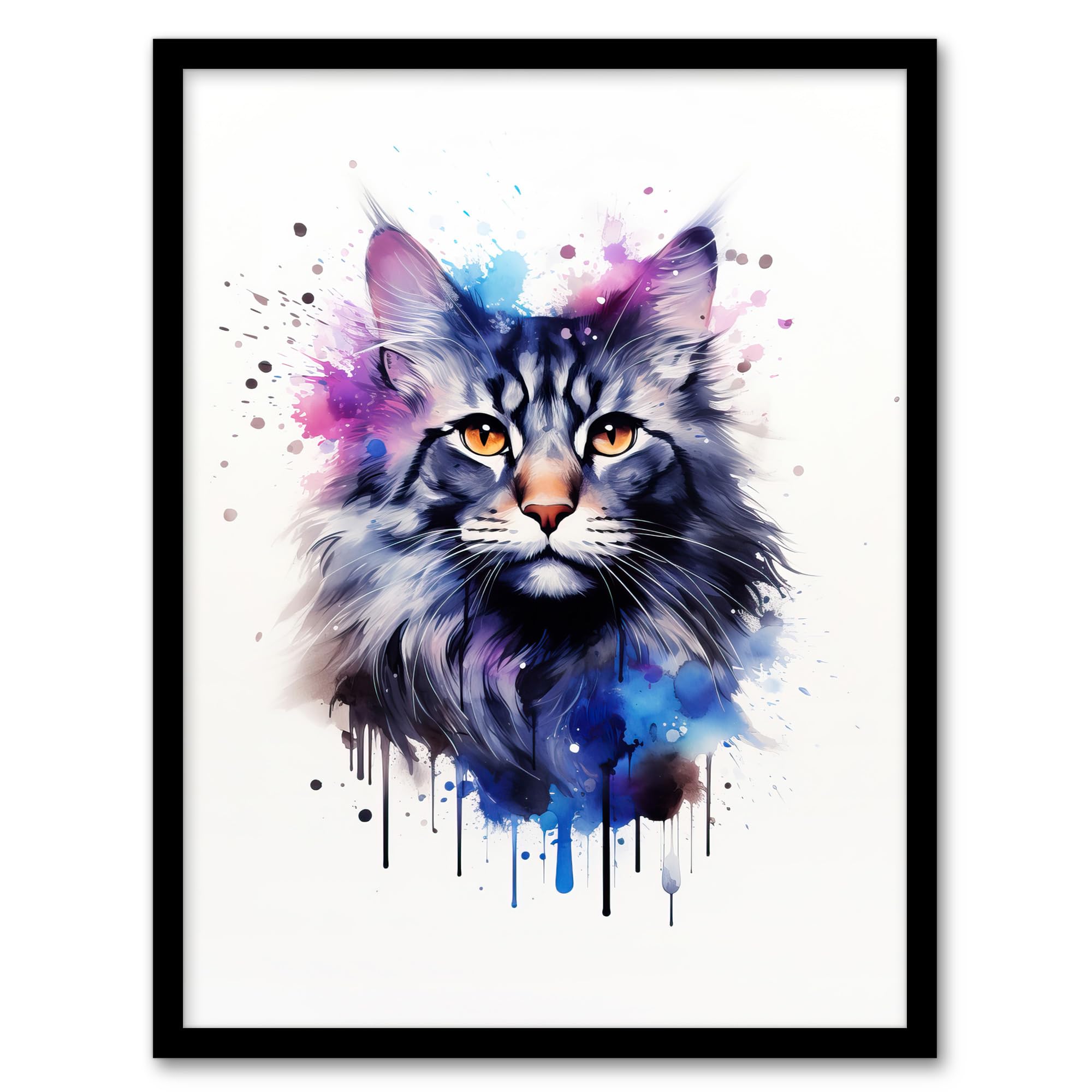 Artery8 Framed 18X24" Maine Coon Cat Lovers Gift Watercolour Pet Portrait Painting Artwork Artwork Framed Wall Art Print 18X24 Inch