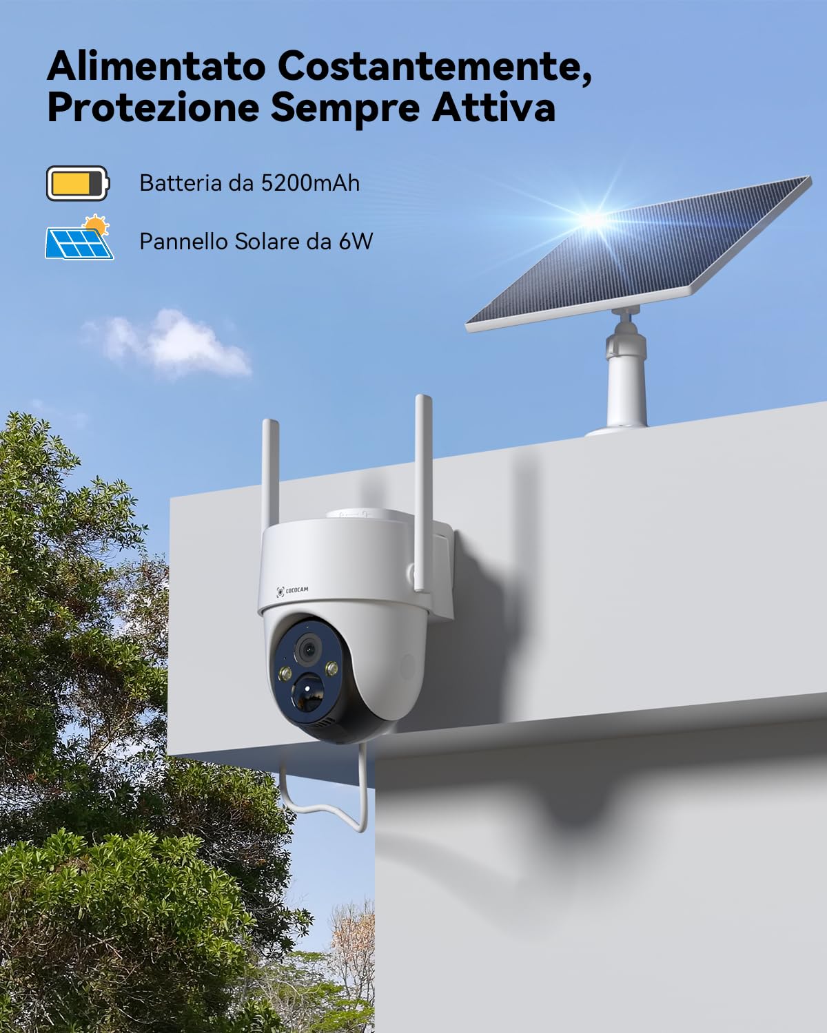 COCOCAM 4K 8MP Telecamera Wi-Fi Esterno Solare Senza Fili | Con Pannello Solare da 6W, Visione Notturna a Colori 4K, Riconoscimento AI, Rilevamento Umano PIR, 355° P 90°T, 2.4GHz