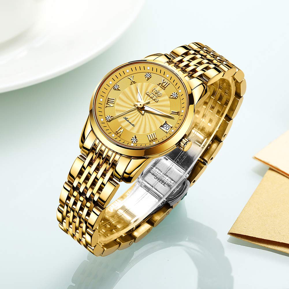 OLEVS Par de relojes automáticos para parejas para hombres y mujeres, para él y para ella, juego de regalos mecánicos Tourbillon de cuerda automática, reloj de pulsera con calendario de día, fecha,