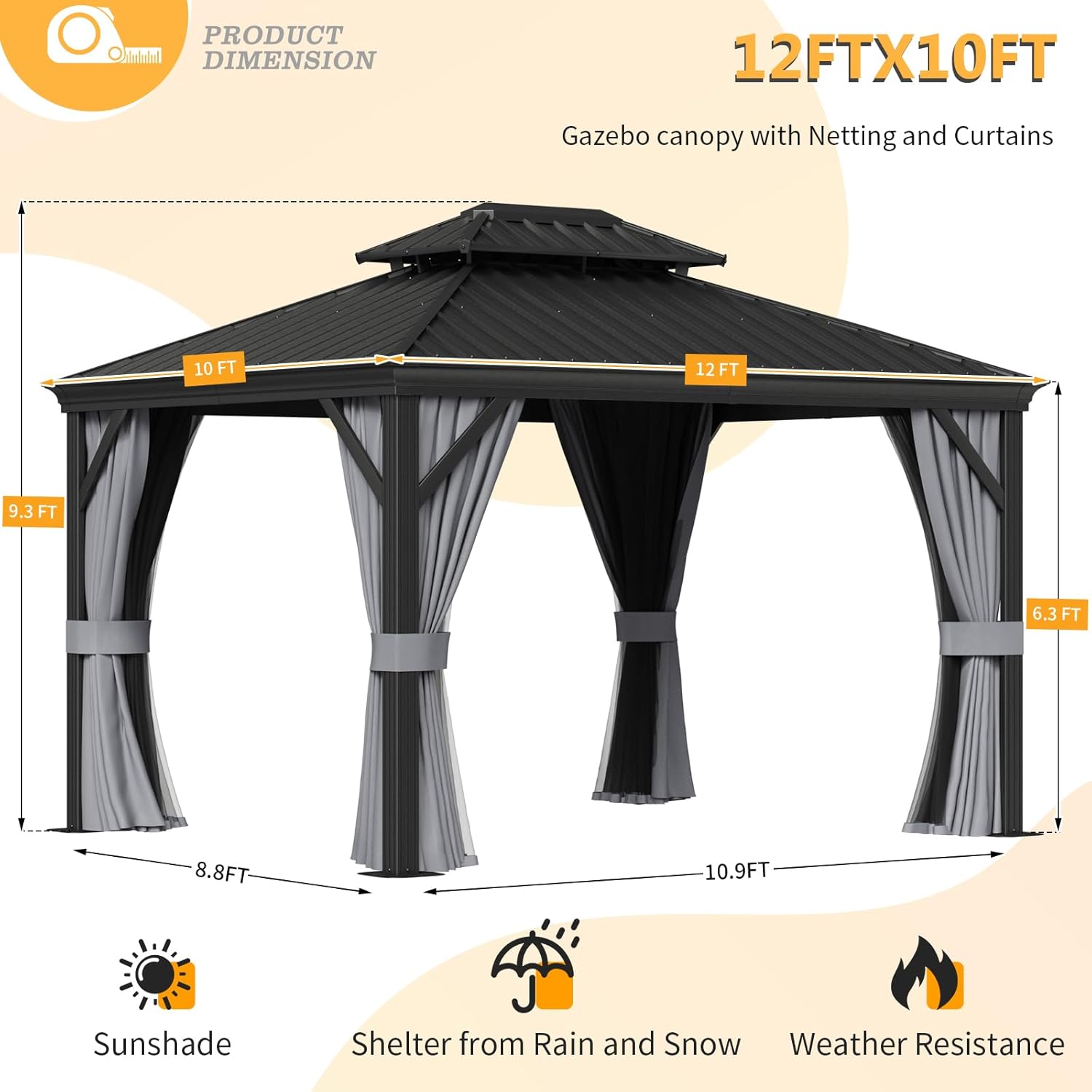 Product dimension diagram showing 10ft by 12ft gazebo with height measurements.