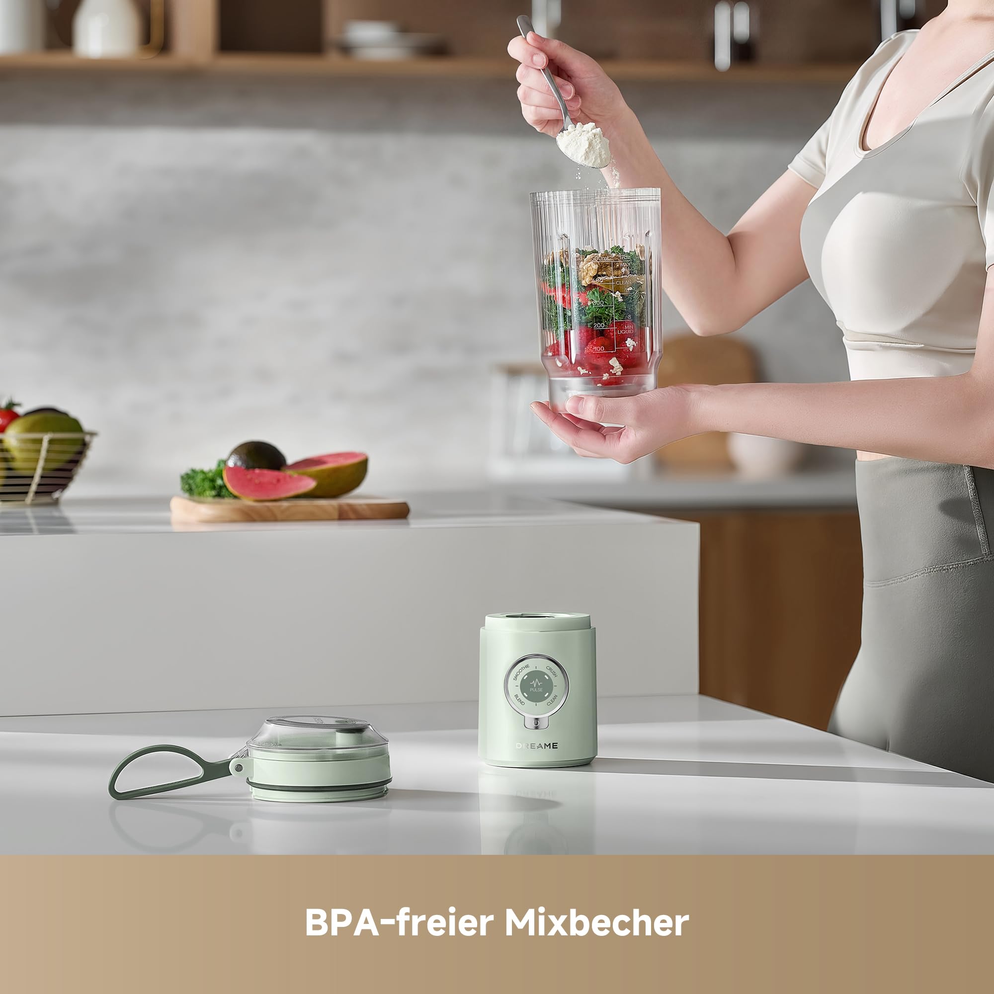 DREAME PortFresh Tragbarer Mixer,Abnehmbares Motorgehäuse, Schnellladen, 880 ml BPA-freier Mixbecher (500 ml Mixkapazität), 5 voreingestellte Funktionen, Selbstreinigungsmodus,Spülmaschinenfest,Grün