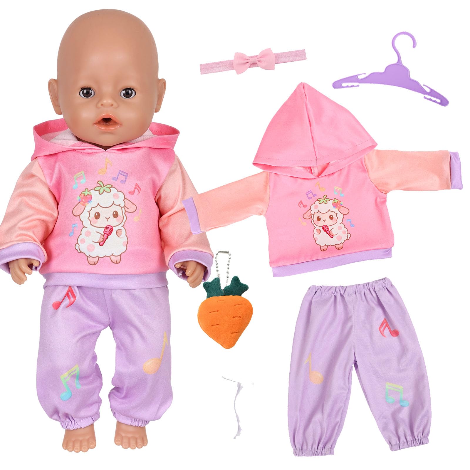 6 Stück Jogging-Anzug Puppenkleidung für 14-18 Zoll Baby Puppen, 30-43 cm Rosa Lamm Babypuppenkleidung Bekleidung Kleidung Puppen Zubehör mit Hoodie Hose Haarband Socken Kleiderbügel Karottenpuppe