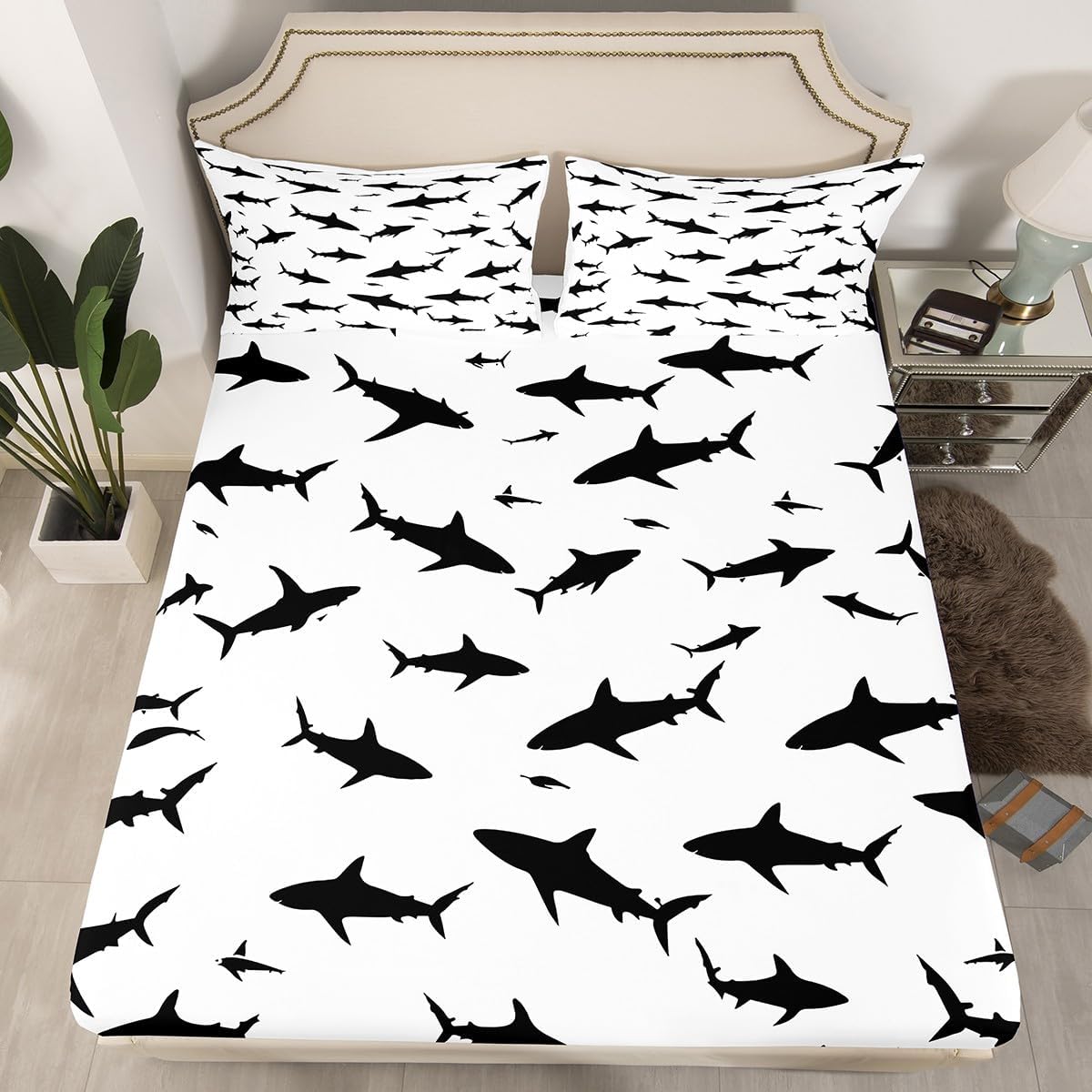 Erosebridal Sea Wave Fitted Sheet Japanese Wave Sheet Set Ocean Nautical Surf Bedding Japanese Ukiyoe Print Bed Cover, Soft Microfiber 1 Fitted Sheet with 2 Pillow Cases Queen Size