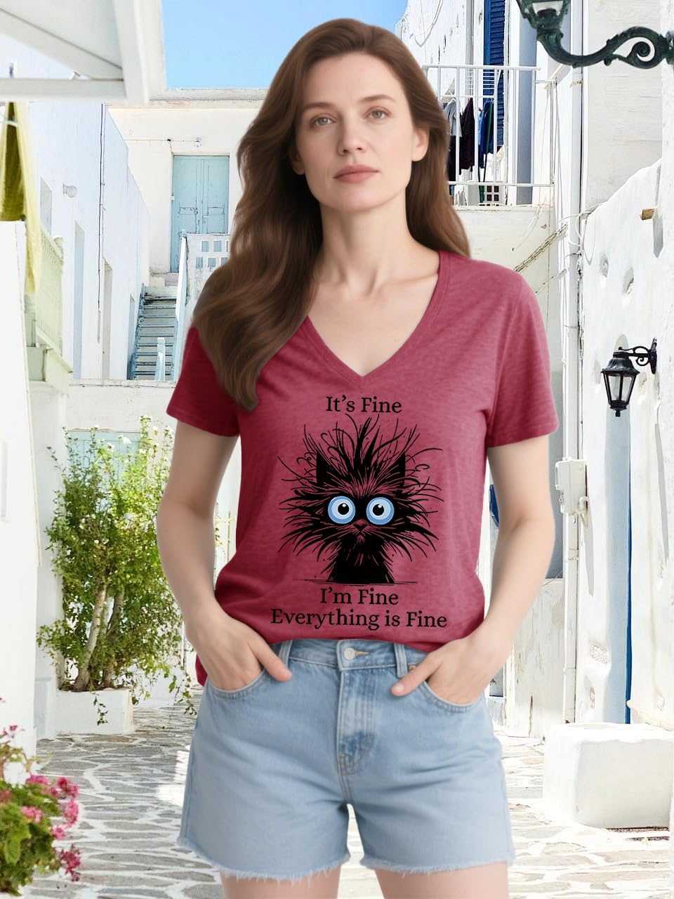 Womens I'm Fine Everything is Fine V Neck T-Shirts Short Sleeve Funny Shirt Casual Cute Cat Graphic Tee Tops - Image 2