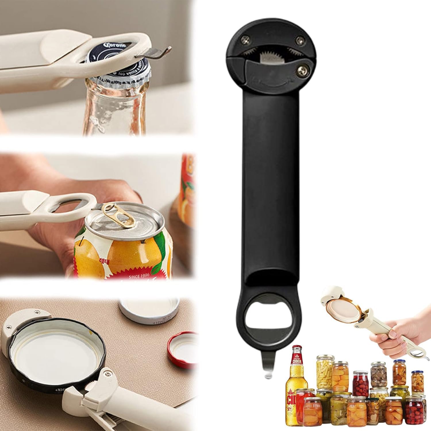Abridor de botellas retráctil multifuncional, ajustable, multifuncional, con agarre para tapa de tarros, abridor de botellas para manos débiles, artritis de personas mayores (negro)