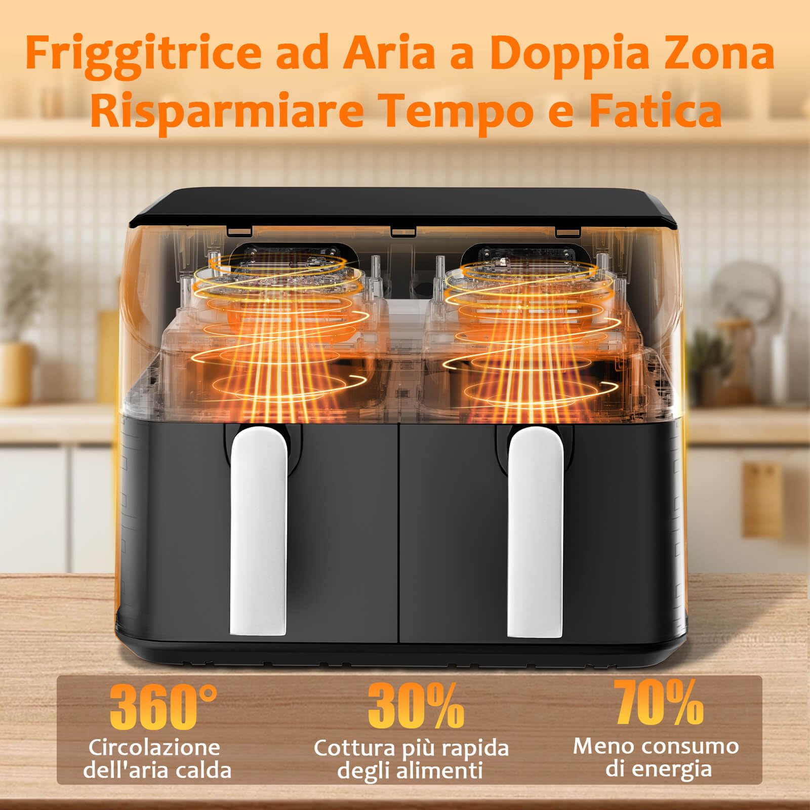 YASHE Friggitrice ad Aria Doppio Cestello, 9L XXL Capacità Friggitrice Aria con 2 Cestelli Separati, 8 in 1 Programmi di Cottura, Touchscreen LED, Cottura Sana, Veloce e Versatile Air Fryer
