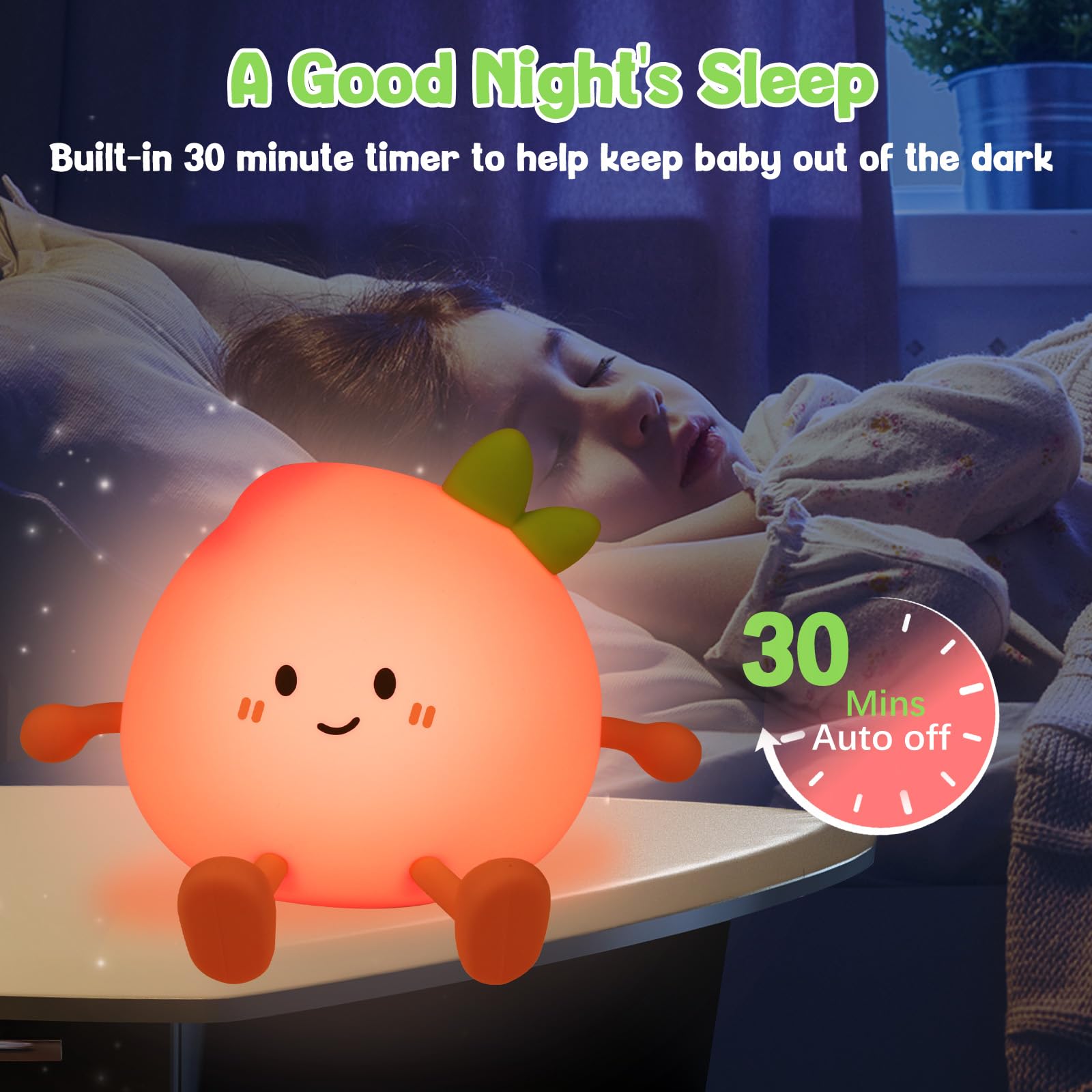 Luce Notturna Bambini, Kawaii Silicone Pesca Luce Notturna per Bambini, 3 Modalità di Luces, Ricaricabile Lampada Touch Peach con 20 Minuti Timer, Luces Notturna Neonato Cameretta Bambina (Pesca)