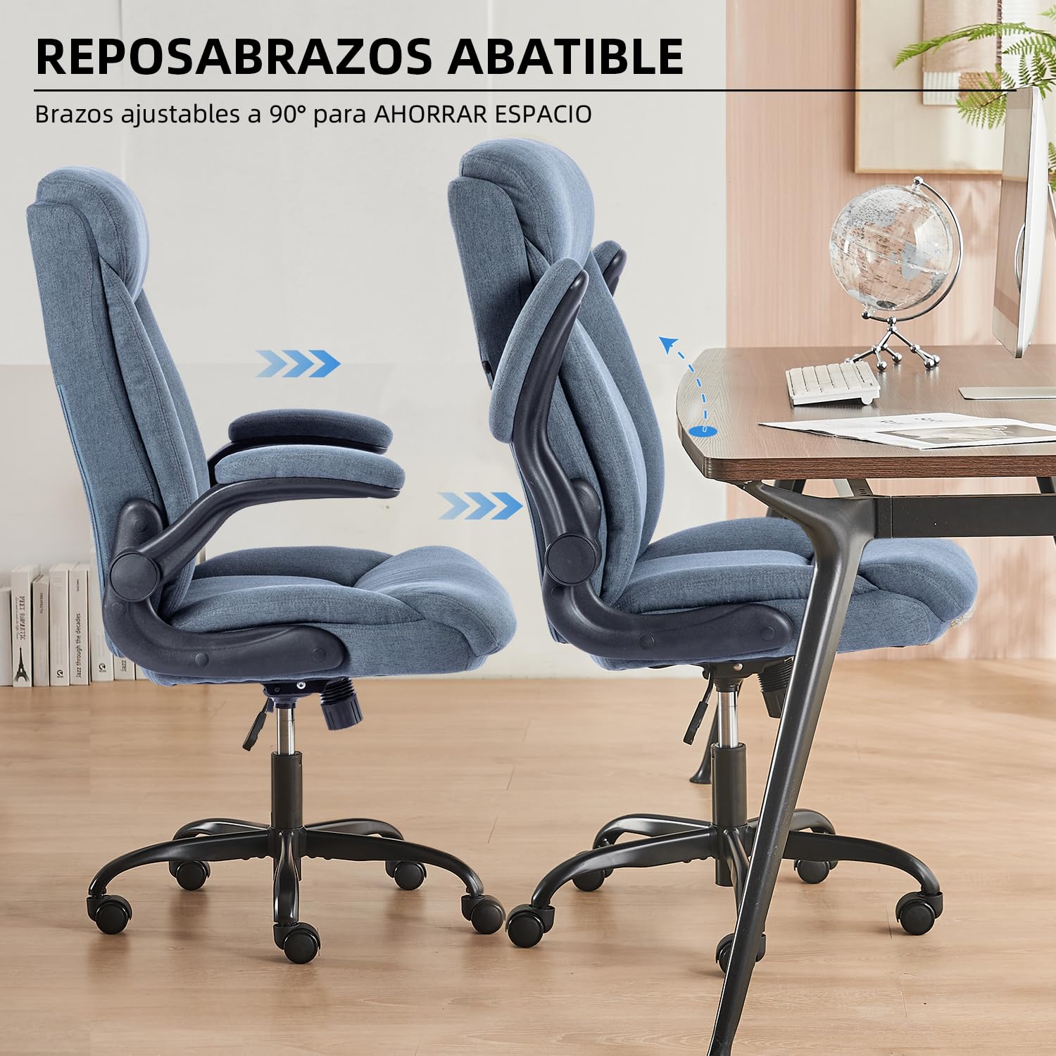 MZLEE Silla Escritorio Ergonómica de Tela, Silla Oficina, Azul | Reposabrazos Abatibles, Soporte Lumbar, Capacidad 150 kg, Giratoria, Azul Marino