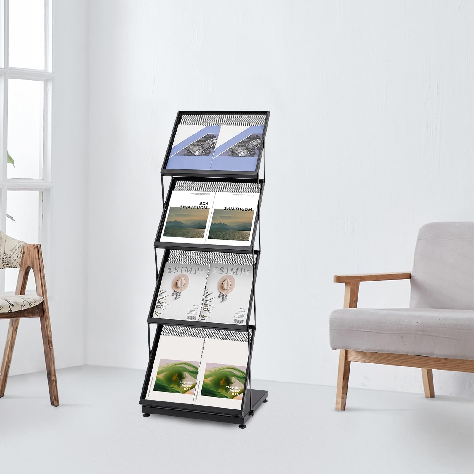 Zeitschriftenständer Metall, 4 Etagen Prospektständer mit schrägem Design, Faltbarer Magazinhalter Ständer mit Schutzgeländern, A3 Zeitungsständer für Büro, Schule, Wartezimmer, Schwarz