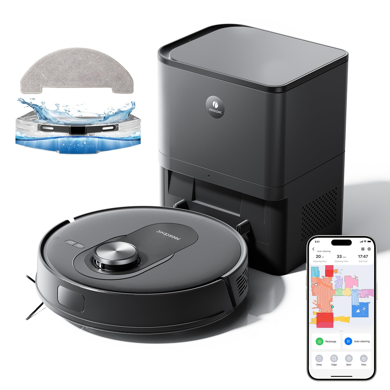 Proscenic Q8 Max Robot Aspirapolvere Lavapavimenti con Mappatura, 5000 Pa/200 min, Svuotamento Automatico di Polvere, Navigazione LiDAR, Anti-Groviglio di Capelli, APP/Aleax/Wifi
