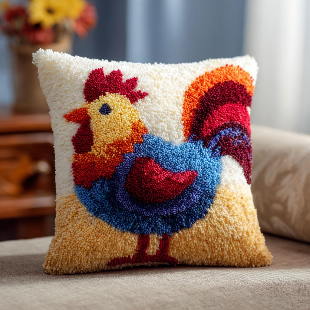 Henypt Latch Hook Kits for Beginners Animal Chicken Cushion Craft Kits Crochet Pre Printed Canvas Wool Yarn Hobbies DIY Latch Hook Pillow Kit 43x43cm