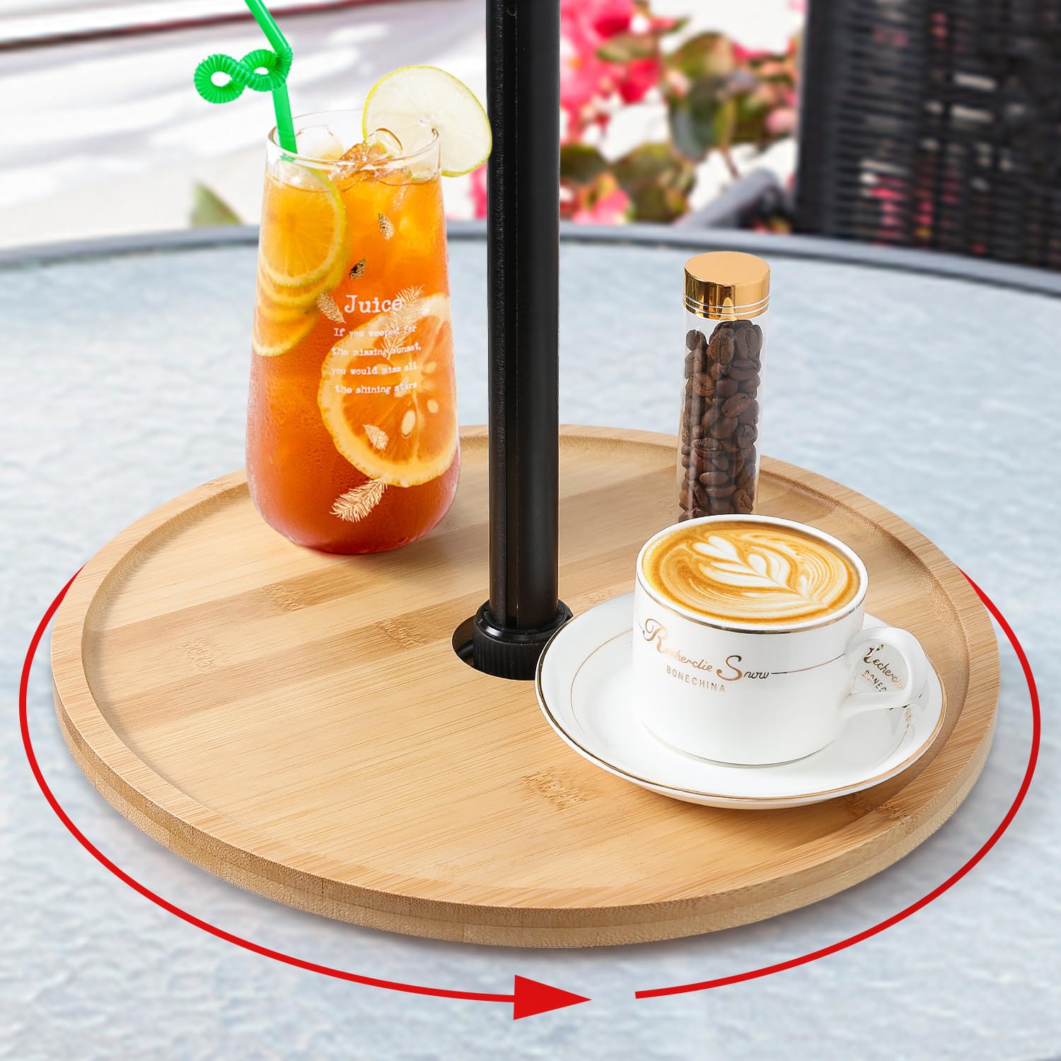 Patio Umbrella Table Tray 13in Turntable Organizer with Umbrella Hole Used Portable for Beach Umbrellas Patio Garden Swimming Pool for 1.5ft Umbrella Pole Lazy Susan Turntable Organizer Wood Color