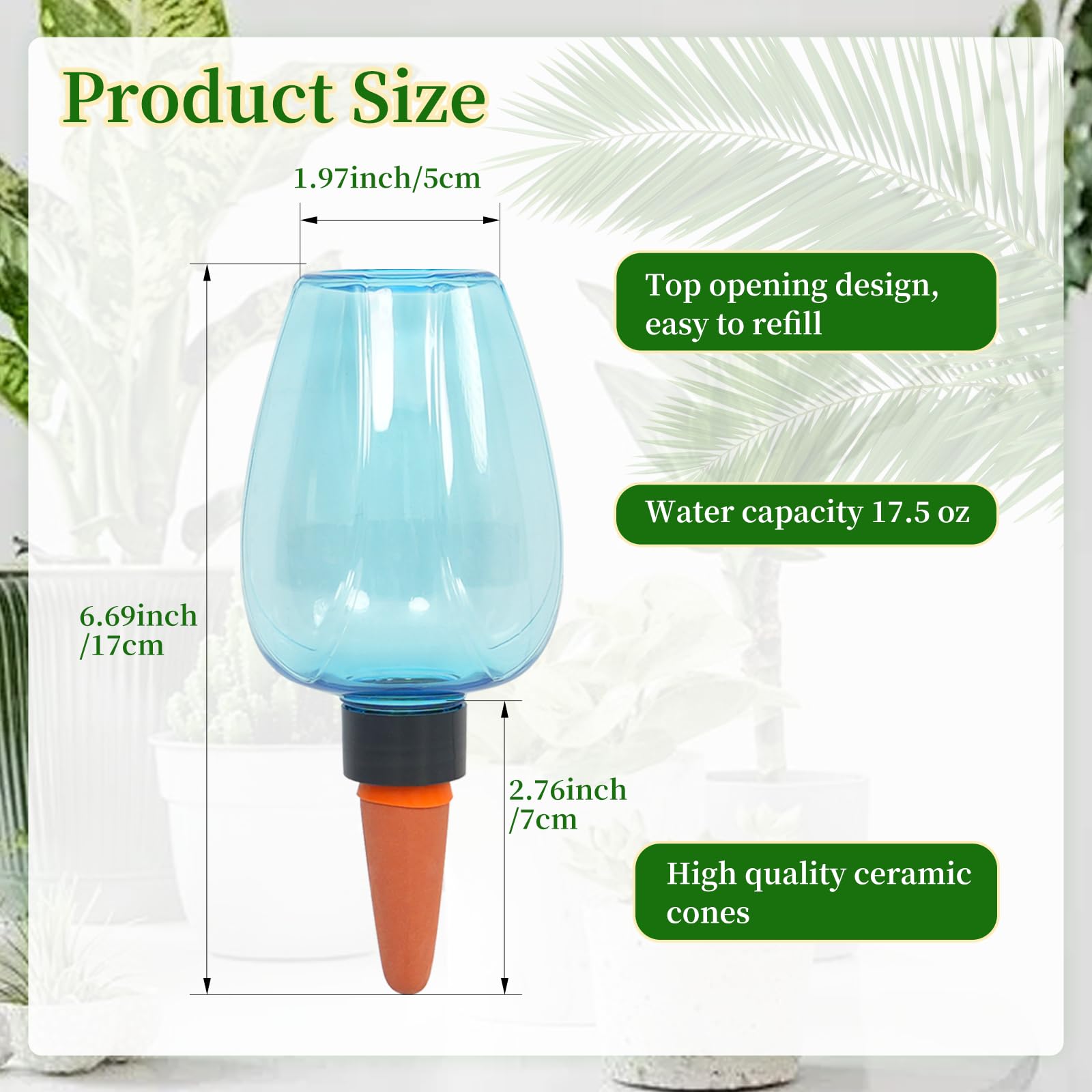 Lot de 3 globes d'arrosage automatique pour plantes, ampoules d'eau en plastique, système d'arrosage des plantes, terre cuite à libération lente, piquets pour intérieur (bleu)