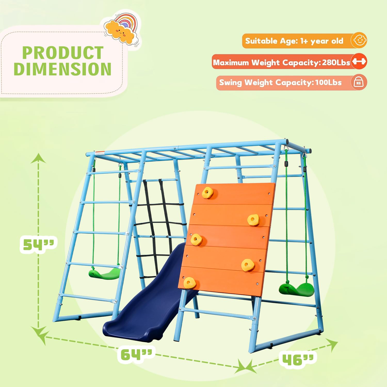 6 in 1 Indoor Jungle Gym, Toddler Playground Set Metal Climber with Climbing Wall, Slide, Monkey Bars, Rope Ladders and Two Swings, Outdoor Playset for Kids