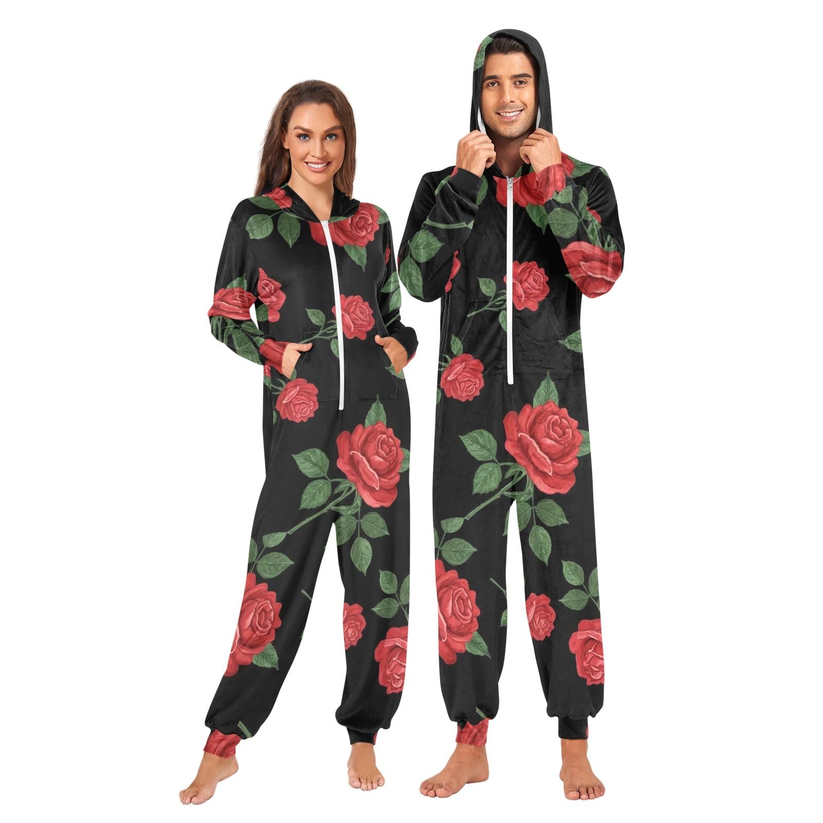 Red Roses Black Adult Onesie Pigiama, Morbido Cristallo Pile Unisex Tuta, Cerniera Frontale Natale Sleepwear
