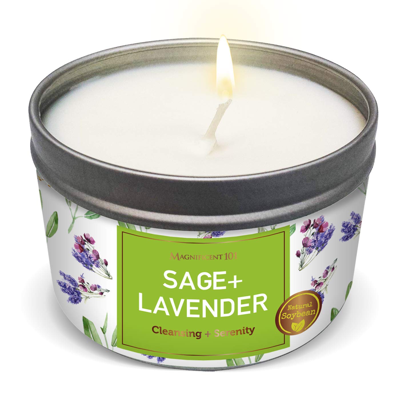 MAGNIFICENT 101 SAGE + Candle for House Energy Cleansing, Banishes Negative Energy I Purification and Chakra Healing - Natural Soy Wax Tin Candle for Aromatherapy 6oz (Sage + Lavender, Tin Candle)