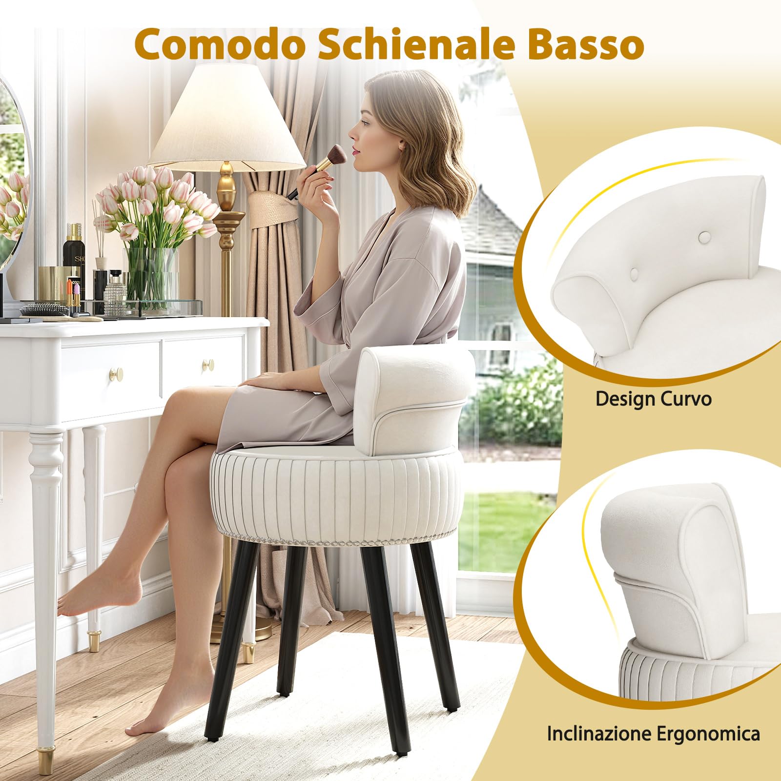 COSTWAY Poltrona da Trucco in Velluto, Sgabello Soggiorno con Gambe in Legno Massello, Sedia d’Accent per Camera da Letto, Soggiorno, Portata 110 kg (Bianco)