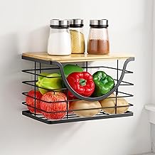 Fruit Basket Kitchen Organizer with Wooden Lid Wire Basket Stackable Wall Mounted