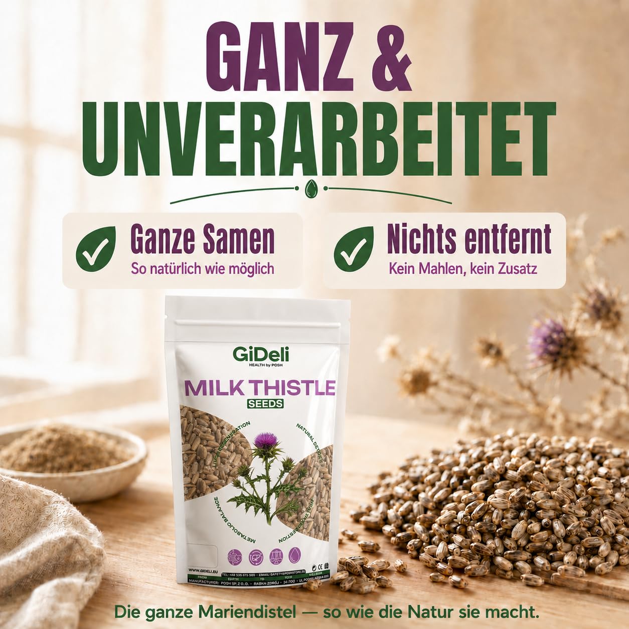 GiDeli Semillas de cardo mariano 4 x 5 kg – 100% semillas enteras sin aditivos para la dieta diaria – Contenido natural de silimarina – Ideal para yogur, cereales, batidos y ensaladas – Origen