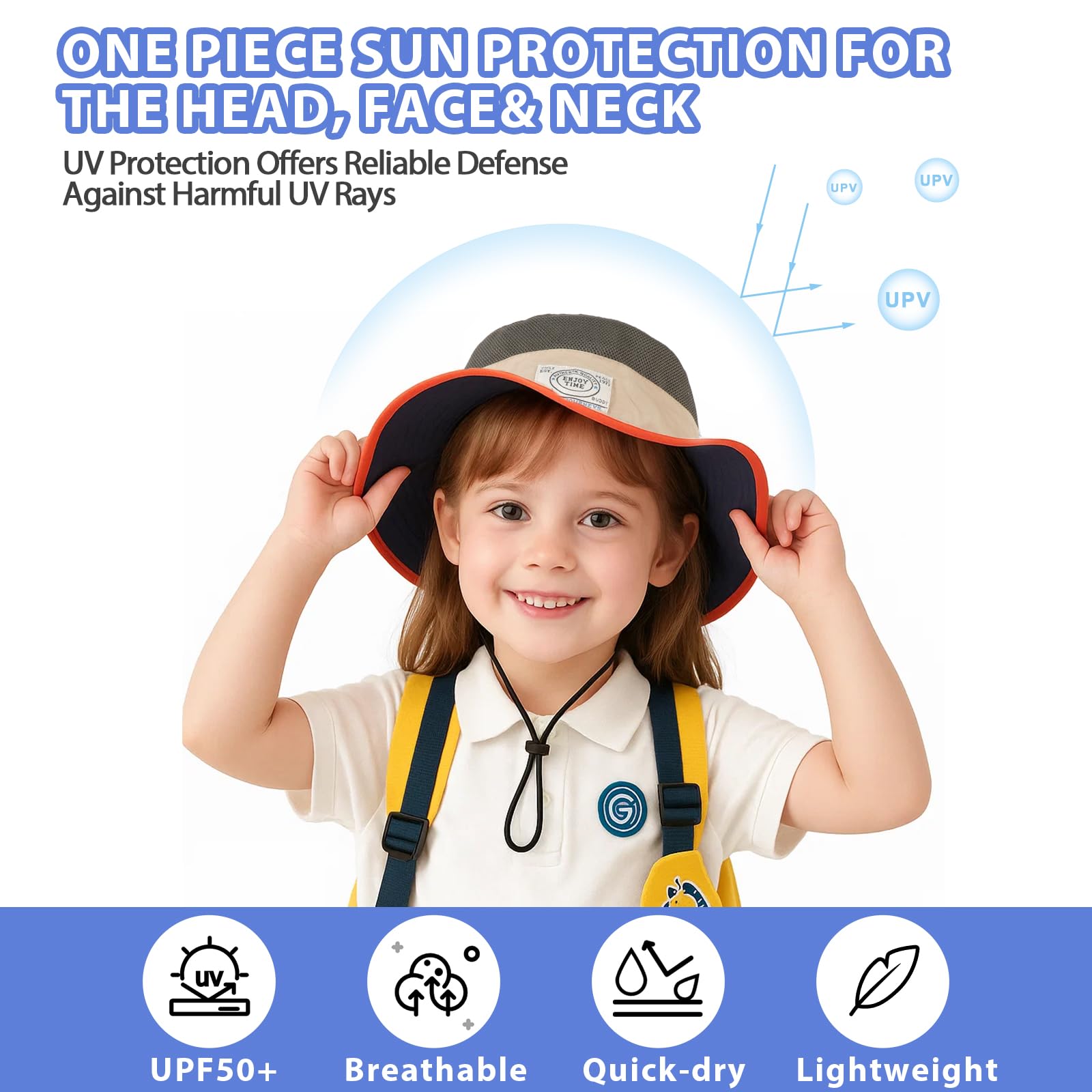 TAGVO Chapeau de Soleil pour Enfants, Protection UV avec Jugulaire, Casquette à Bavolet Détachable, à Large Bords pour Enfants de 2 à 6 Ans