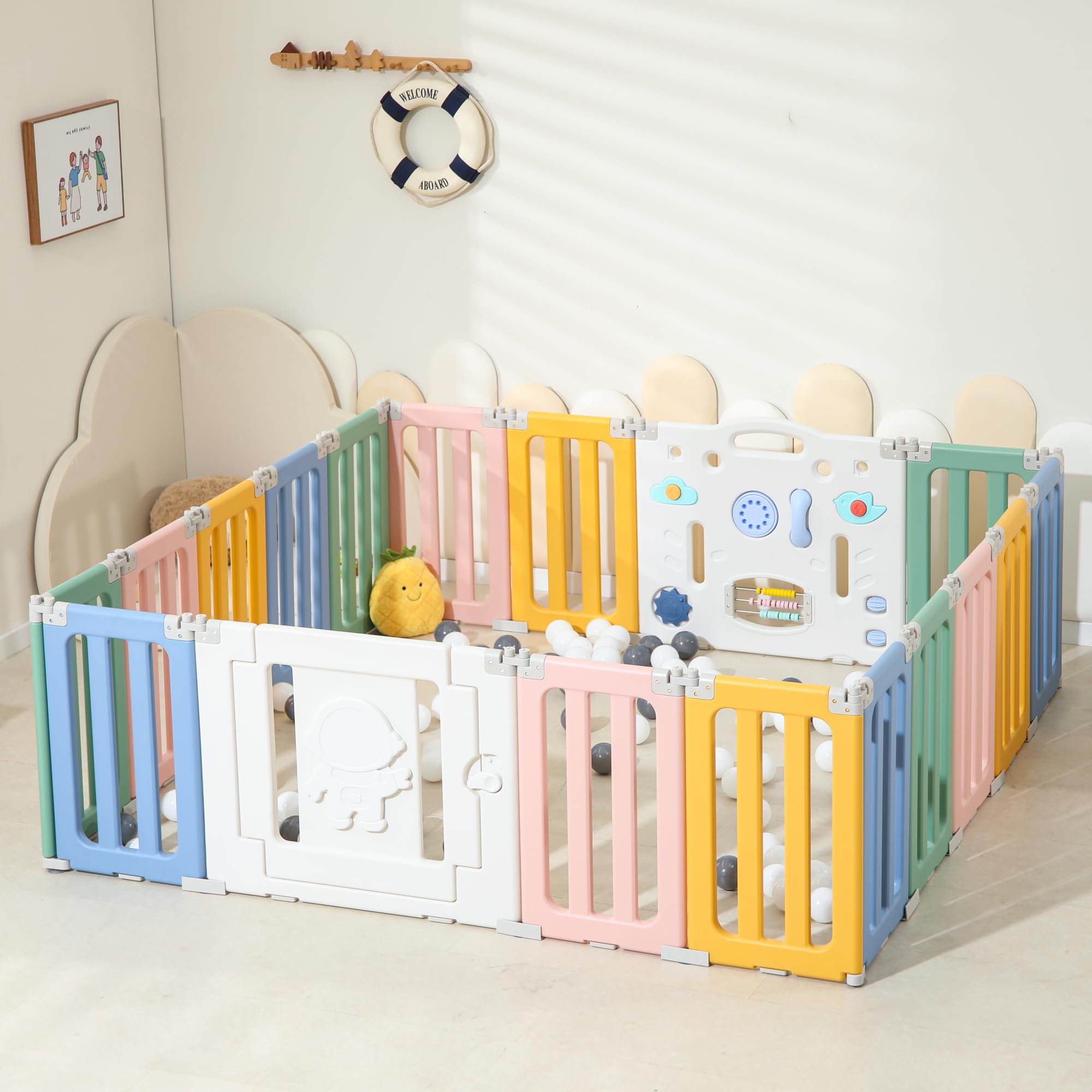 Baby Play Pen, Foldable Play Pens for Babies and Toddlers, 18 Panels Extra Large Baby Playpen, Astronauts Portable Baby Fence, Baby Gate Playpen, Baby Play Yard - Colorful