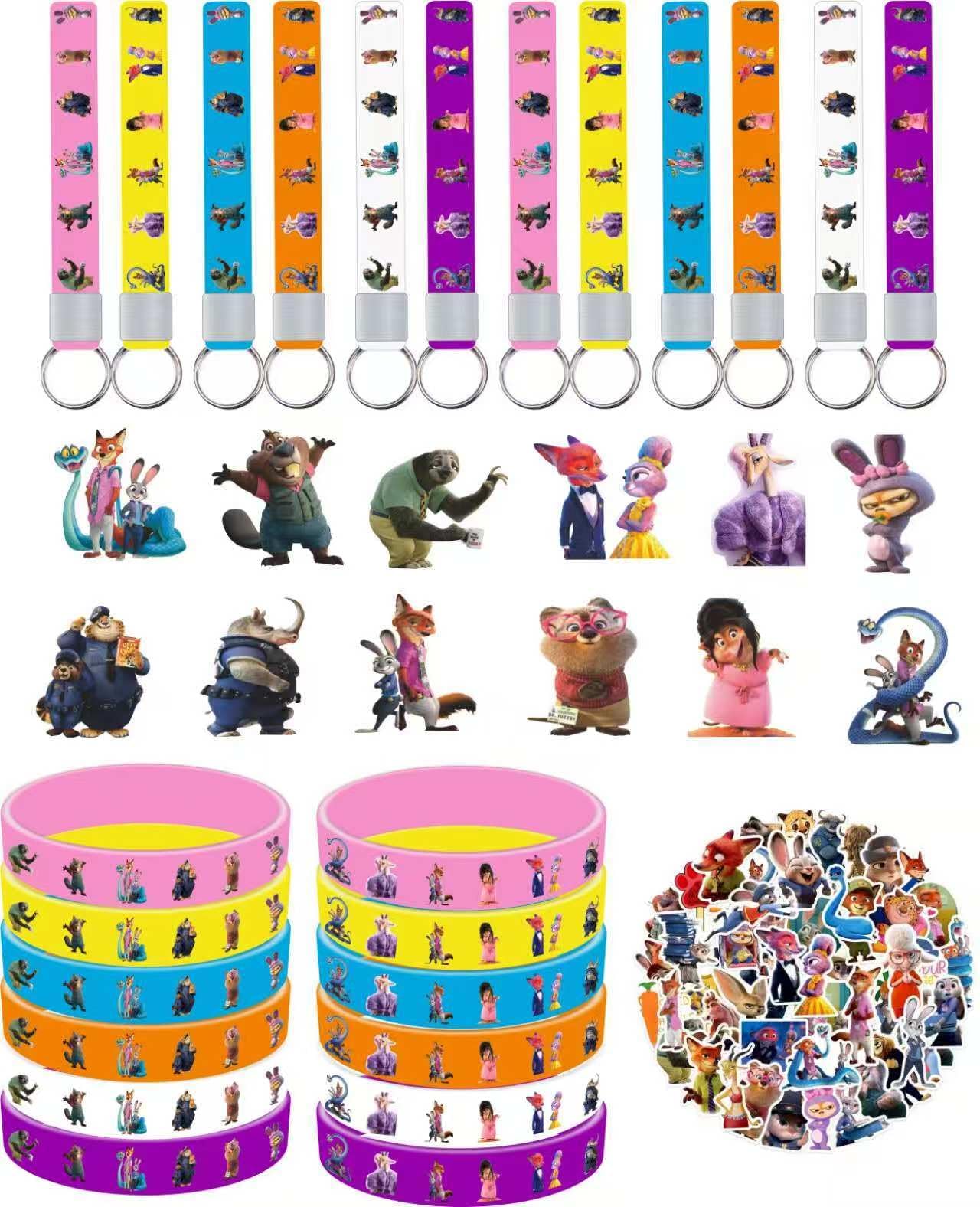 Ensemble de décorations de fête d'anniversaire Zootopia2 incluant 12 bracelets, 12 épingles acryliques, 12 porte-clés, 50 autocollants, pour fête sur le thème de dessin animé pour garçons et